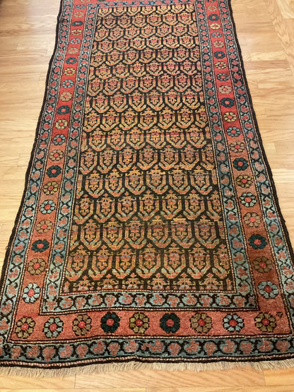 Antique Persian Kurdish Runner, 3'7" x 7'8", in brown, gold, navy and rust - photo 2
