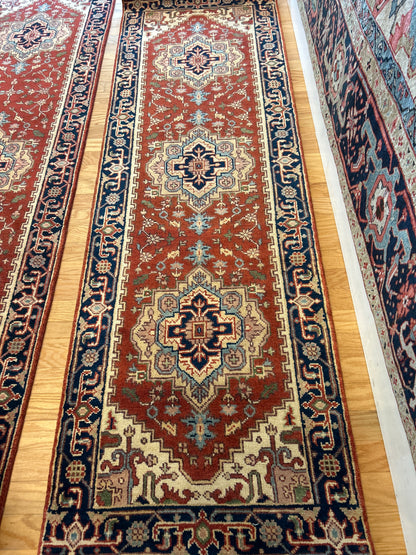 Indian Heriz Runner, 2'7" x 8'3", in baby blue, ivory, navy and rust