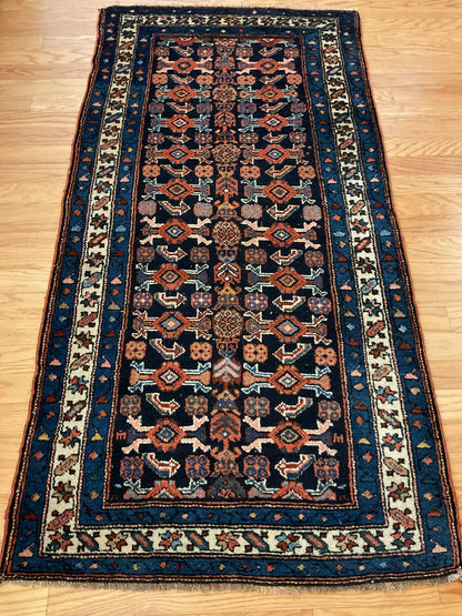 Antique Persian Kurdish Runner, 3'2" x 6'4", in blue, ivory, navy and rust