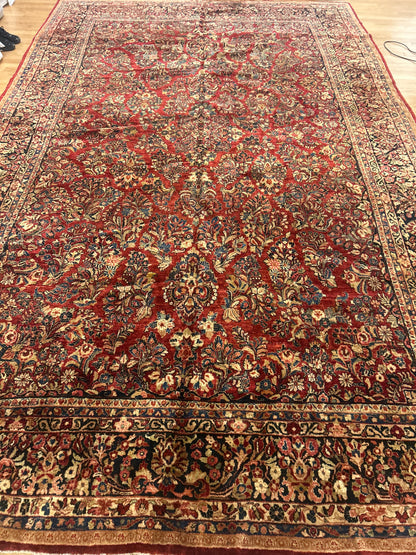 Antique Persian Sarouk Rug, 10'10" x 17', in gold, ivory, navy and red