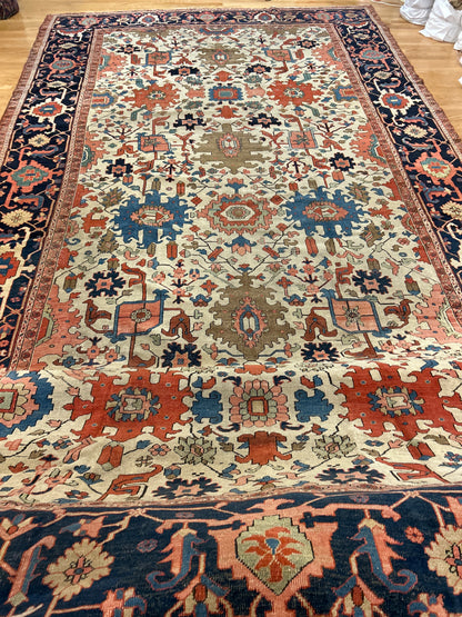 Antique Persian Serapi Rug, 11'5" x 20', in blue, ivory, navy and rust
