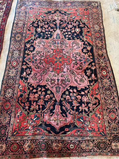 Antique Persian Sarouk Farahan Rug, 4'2" x 6'9", in navy, pink and red