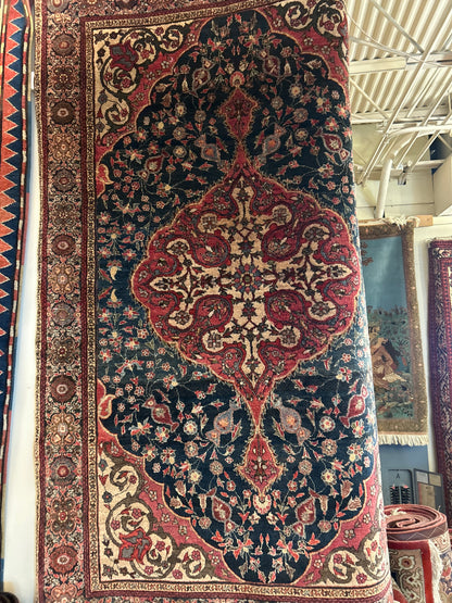 Antique Persian Sarouk Farahan Rug, 4'2" x 6'7", in ivory, navy, pink and red