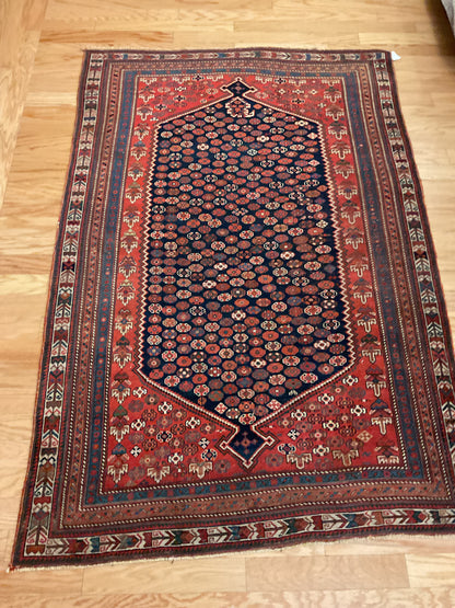 Antique Persian Afshar Rug, 4'1" x 6'4", in ivory, navy and red - photo 4
