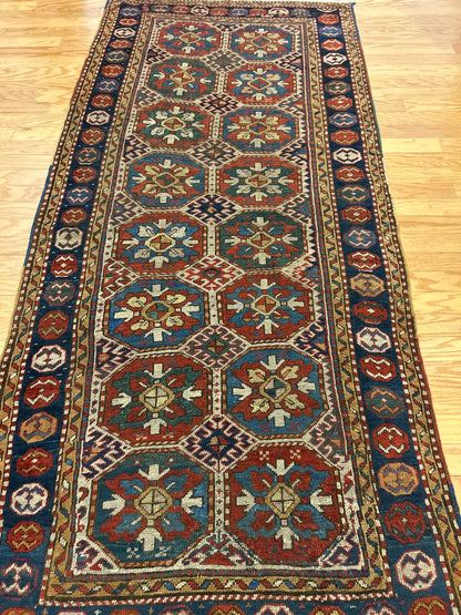 Antique Russian Kazak Runner, 4' x 8'5", in blue, gold, ivory and navy