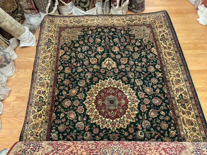 Sino Kashan Rug, 6' x 9', in beige, gold, hunter green and red