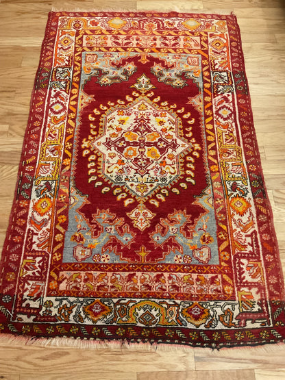 Antique Turkish Anatolian Rug, 3'7" x 5'9", in baby blue, ivory, orange and red