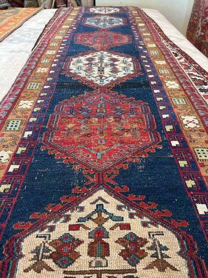 Antique Persian Kurdish Runner, 3'4" x 13'9", in ivory, navy, red and tan - photo 4