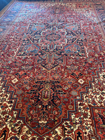 Antique Persian Heriz Rug, 11'5" x 17', in blue, ivory, navy and red