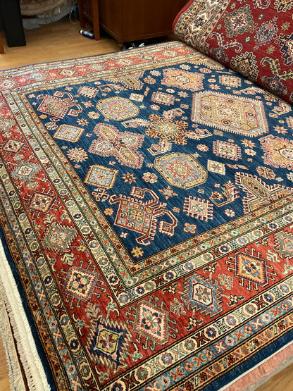 Afghan Kazak Rug, 8' x 10'1", in blue, ivory, peach and red - photo 2