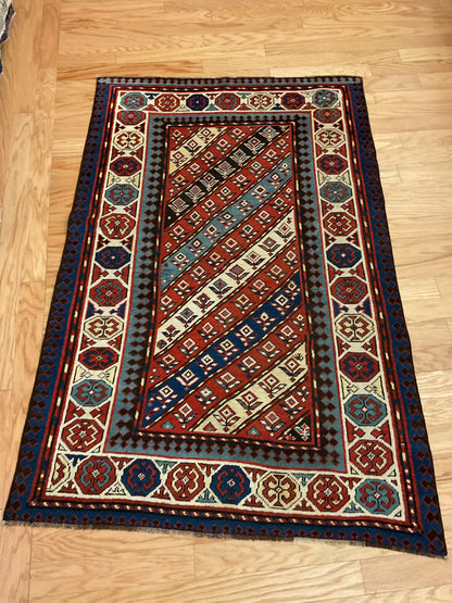 Antique Russian Kazak Rug, 3'6" x 5'4", in blue, ivory, navy and red