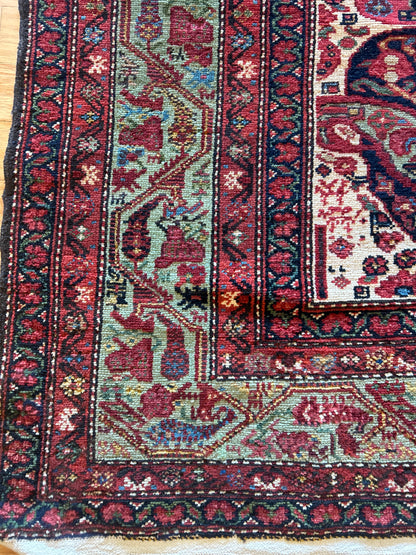 Antique Persian Kurdish Malayer Runner, 6'6" x 16'9", in green, ivory, navy and red - photo 2