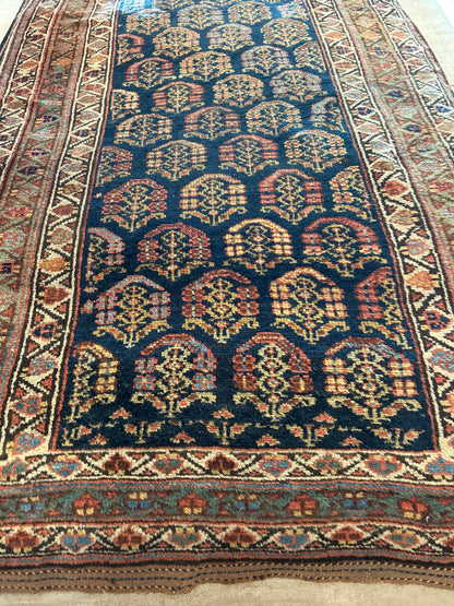 Antique Persian Kurdish Runner, 3'9" x 17'2", in navy and orange - photo 4