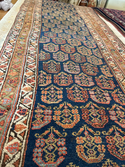 Antique Persian Kurdish Runner, 3'9" x 17'2", in navy and orange
