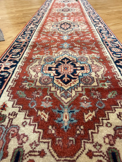 Indian Heriz Runner, 2'6" x 23'6", in baby blue, ivory, navy and rust - photo 2