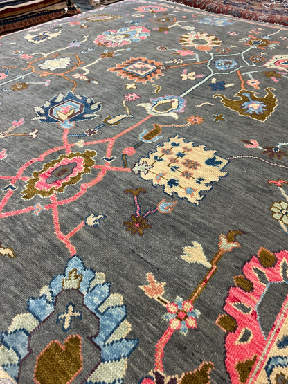 Indian Oushak Rug, 8'11" x 11'10", in baby blue, charcoal, gold and pink - photo 4