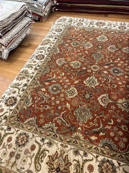Indian Agra Jaipur Rug, 8'1" x 10'3", in beige, green, ivory and rust