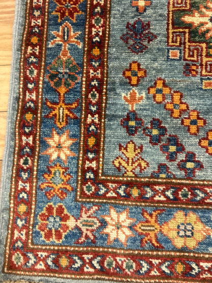 Afghan Kazak Runner, 2'6" x 19'4", in baby blue, gold and rust - photo 3