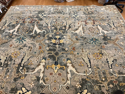 Indian Mohal Rug, 8' x 10', in charcoal, gold, grey and ivory