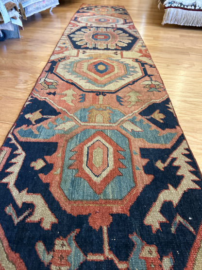 Antique Persian Serapi Runner, 1'10" x 10'4", in brick, khaki, navy and red - photo 4