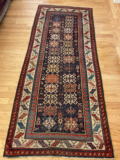 Antique Russian Kazak Runner, 3'4" x 8'1", in ivory, navy, red and teal - photo 3