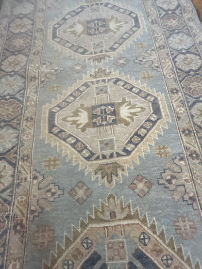 Afghan Oushak Runner, 4'1" x 9'8", in baby blue, beige, navy and tan - photo 5