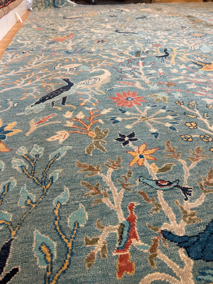 Afghan Peshawar Rug, 12' x 15'2", in blue, ivory and yellow - photo 5