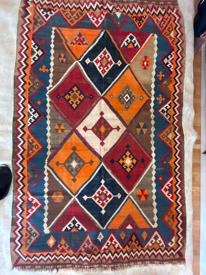 Vintage Turkish Kilim, 5' x 9', in blue, ivory, navy and orange - photo 2