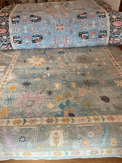 Turkish Oushak Rug, 10'3" x 13'11", in gold, ivory, pink and teal