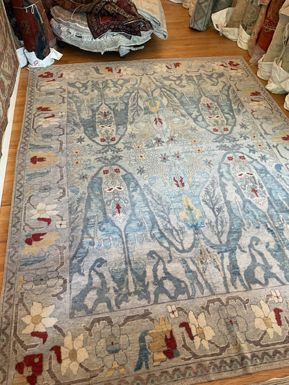 Turkish Oushak Rug in beige, blue, grey and red