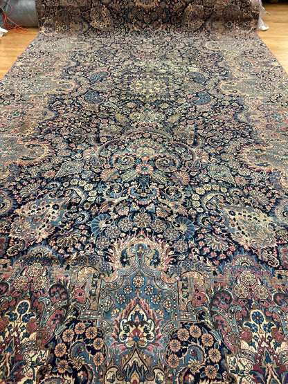 Antique Persian Lavar Kerman Rug, 10'6" x 18'6", in beige, blue, navy and pink