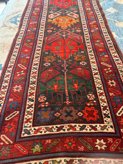 Antique Russian Kazak Runner, 3' x 10'3", in black, green, ivory and orange