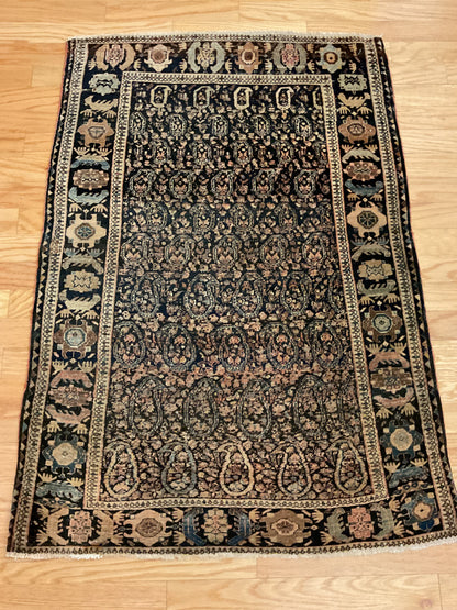 Antique Persian Sarouk Rug, 3'2" x 4'9", in blue, navy and tan