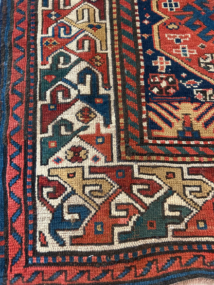 Antique Russian Kazak Runner, 3'9" x 10'10", in gold, green, ivory and navy - photo 2