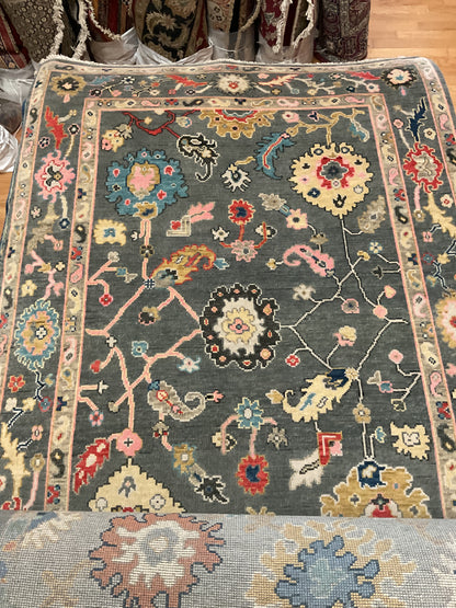 Indian Oushak Rug, 6' x 8'10", in blue, charcoal, gold and pink