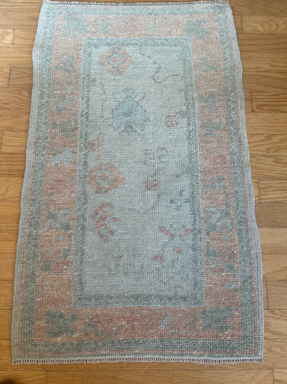 Turkish Oushak Rug, 2'3" x 3'8", in cream, peach, pink and teal