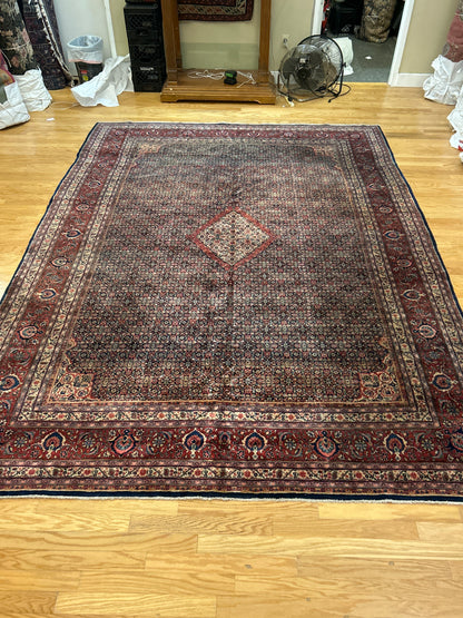 Antique Persian Gazvin Rug, 9'5" x 12'8", in blue, burgundy, ivory and navy