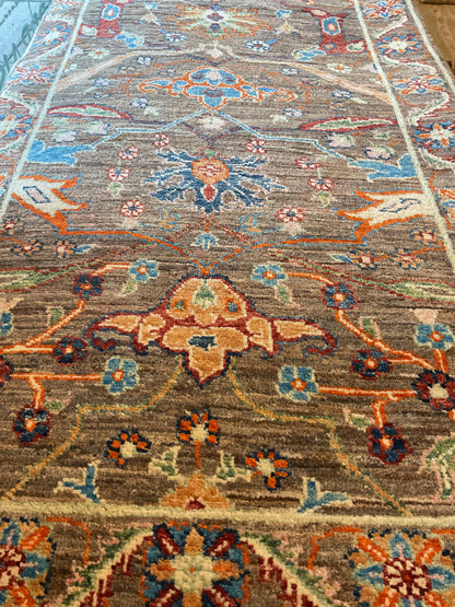 Afghan Bidjar Runner, 2'8" x 9'7", in blue, brown, ivory and orange