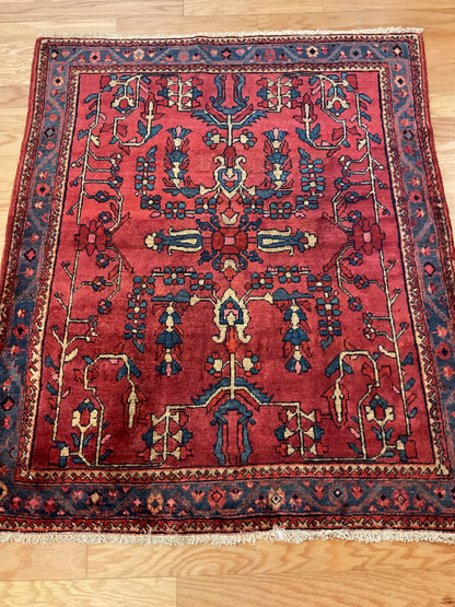 Antique Persian Lilian Rug, 4'2" x 4'6", in blue, ivory, navy and red
