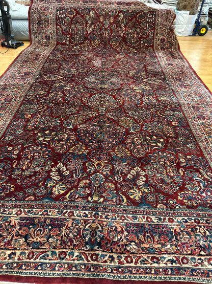 Antique Persian Sarouk Rug, 10'3" x 18'5", in ivory, navy and red