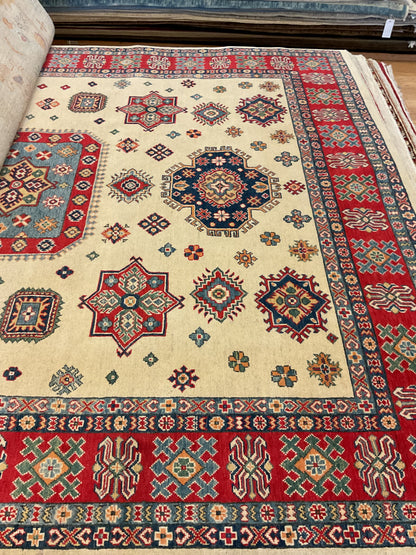 Afghan Kazak Rug, 7'11" x 9'10", in blue, ivory, navy and red
