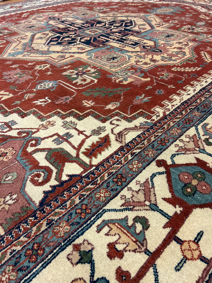 Indian Heriz Rug, 11'11" x 15', in baby blue, ivory, navy and rust - photo 3