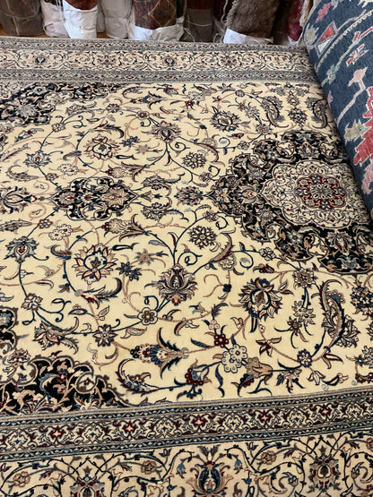 Persian Nain Rug, 6'7" x 10'4", in black, ivory, navy and red