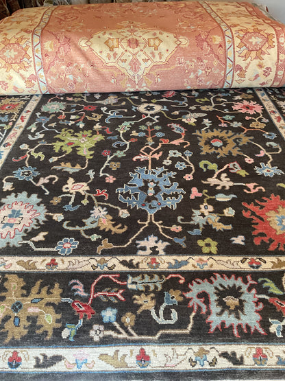 Indian Oushak Rug, 10'3" x 13'10", in baby blue, charcoal, ivory and red