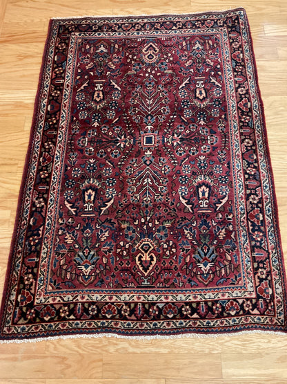 Antique Persian Sarouk Rug, 3'5" x 5', in burgundy, ivory and navy