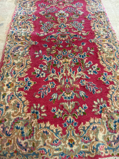 Vintage Persian Kerman Runner, 2'7" x 10'3", in blue, gold, ivory and red