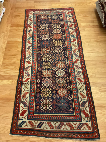 Antique Russian Kazak Runner, 3'4" x 8'1", in ivory, navy, red and teal - photo 4