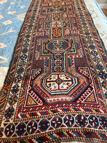 Antique Russian Kazak Runner, 2'11" x 11'1", in burgundy, ivory, navy and red