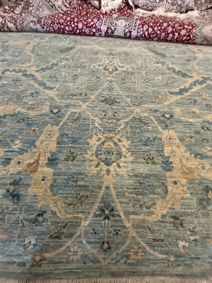 Indian Mohal Rug, 8'1" x 10'1", in baby blue, beige and gold