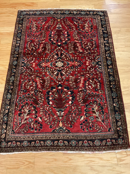 Antique Persian Sarouk Rug, 3'5" x 5', in black, ivory, navy and red
